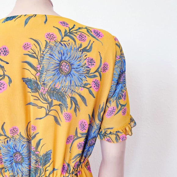[Madewell] Sweetgrass Ruffle-Sleeve Dress Painted Blooms Yellow V-Neck Size 6 - Picture 9 of 12